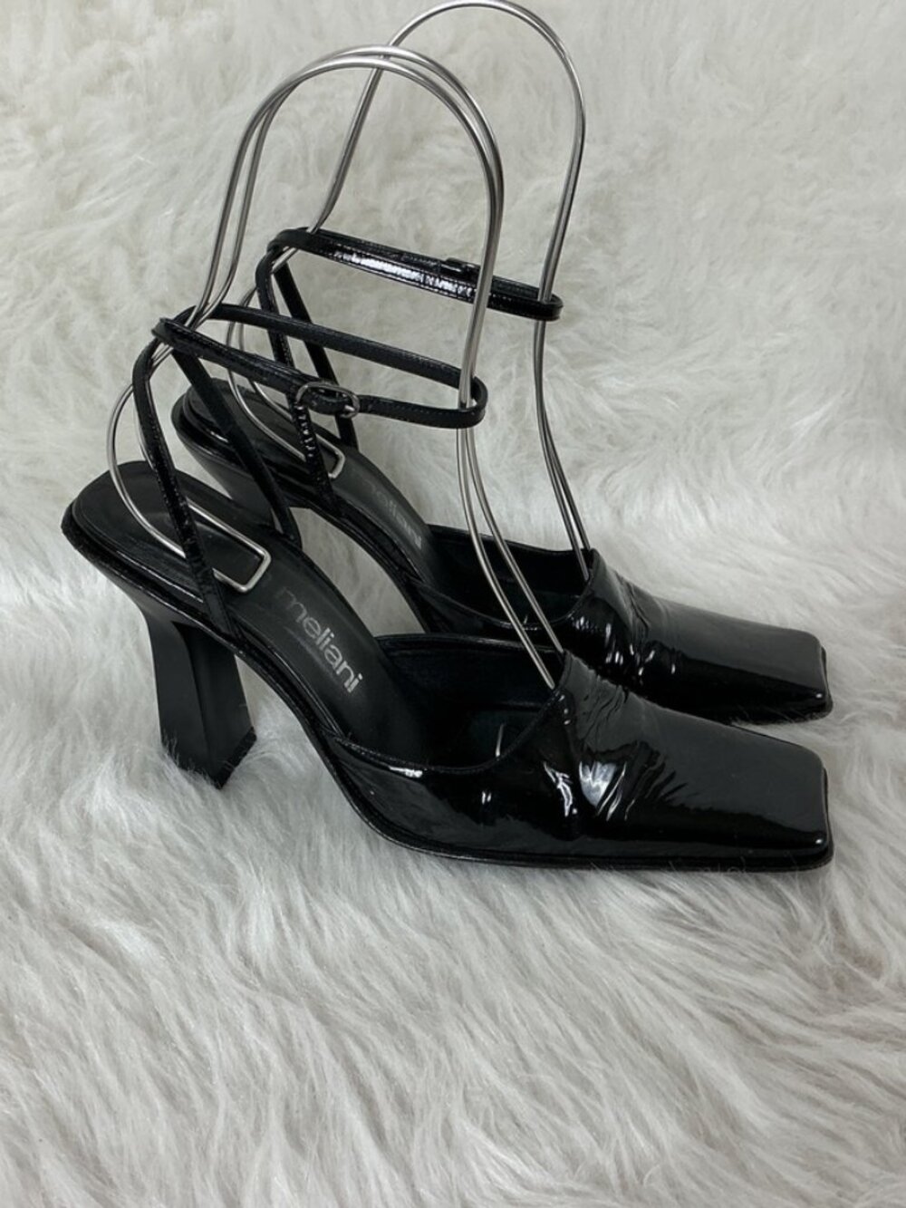 Gianna Meliani Black Square Toe Patent Leather Ankle Wrap Heels EU 36.5 US 6.5